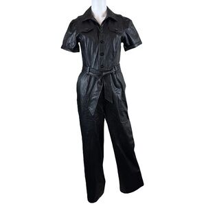 Paige Anessa Faux Leather Belted Buttoned Wide Leg Jumpsuit Black Size 2
